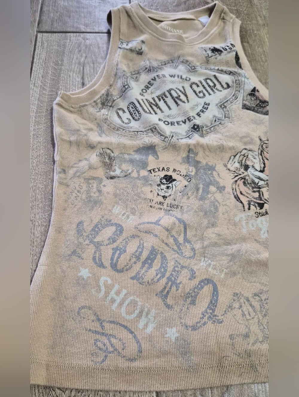 Shyanne Womens Rhinestone Icon Rib Knit Graphic Khaki Tank Top Size XS - Picture 3 of 6